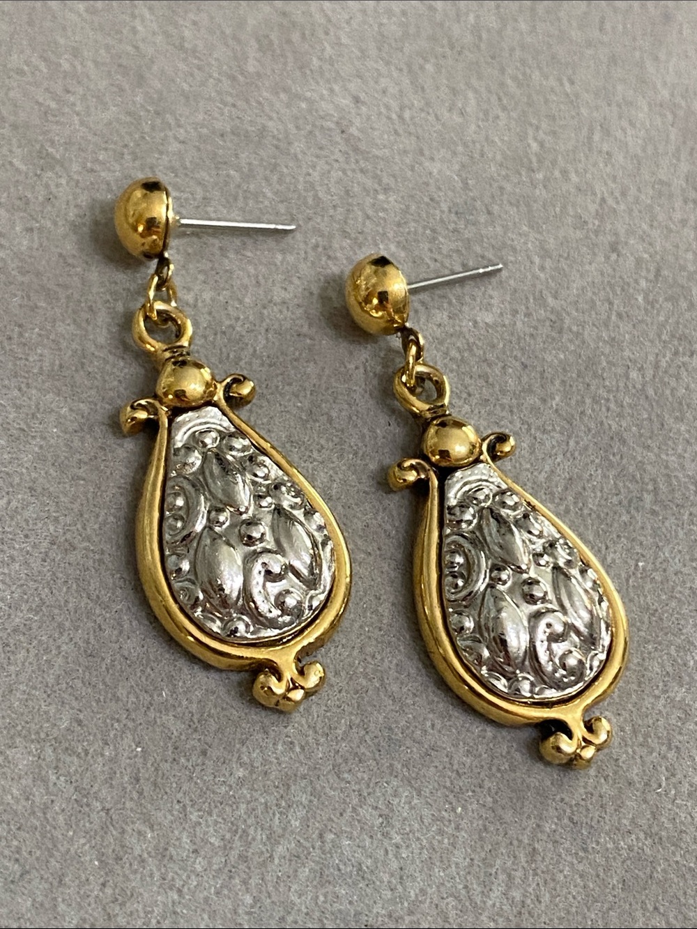 Gold and Silver Two-Tone Teardrop Filigree Drop Earrings